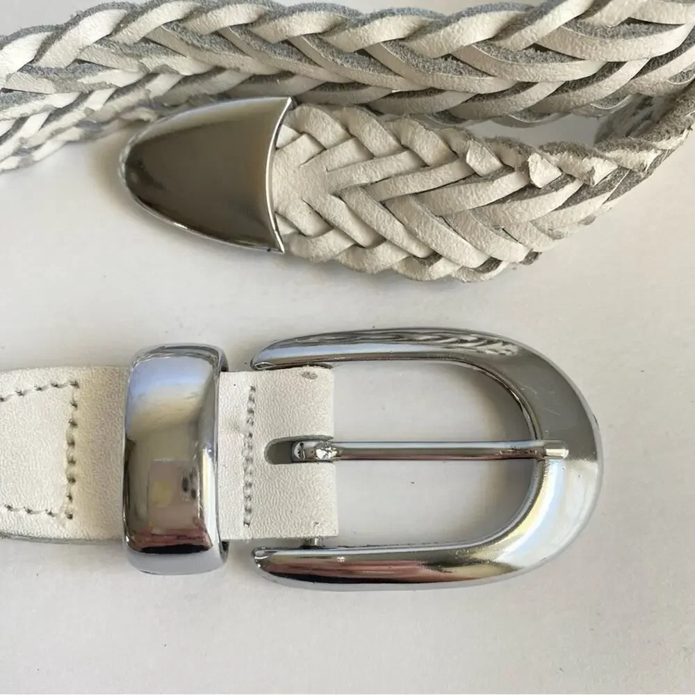 Vintage White Woven Leather Belt Braided Silver Tone Buckle Medium Large 90s Y2K